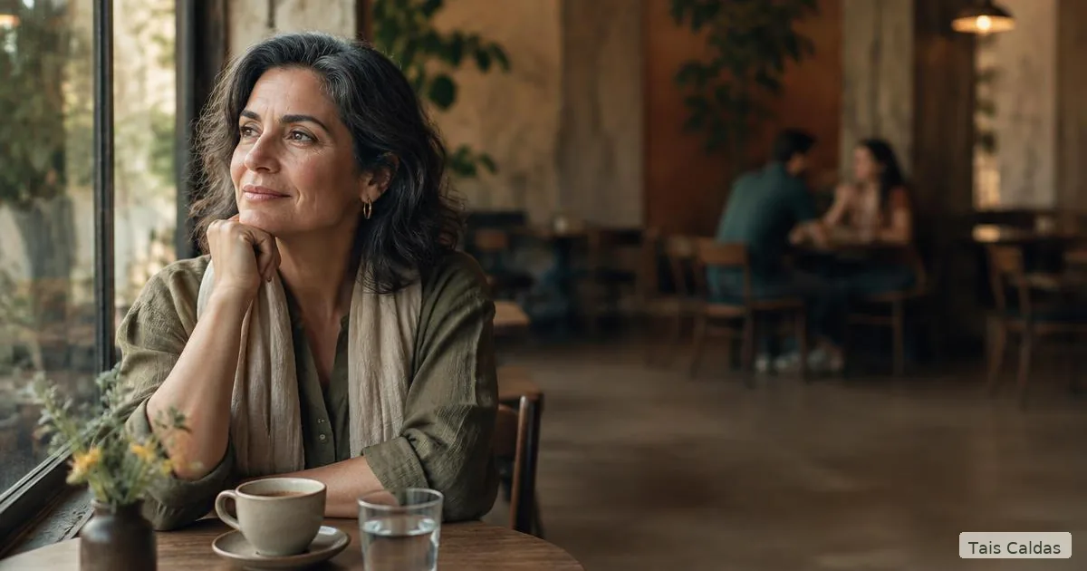 Mulher madura em um café, observando um casal ao fundo, em uma reflexão sobre amor, solidão e relações.