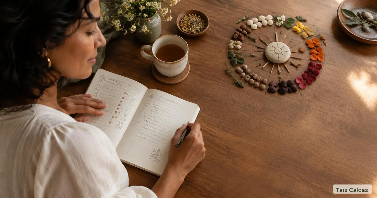 Mulher madura registrando percepções em um diário ao lado de uma composição circular, representando observação do ciclo menstrual.