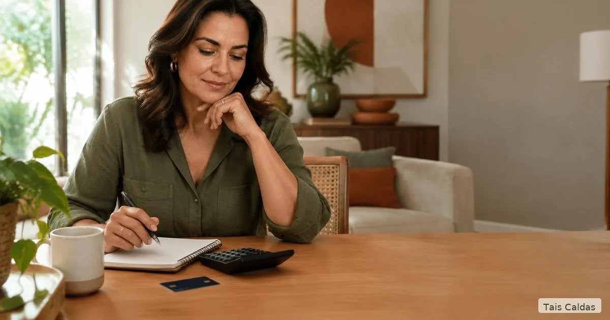 Mulher madura organizando finanças à mesa, em uma reflexão sobre autoestima, dinheiro e autonomia.