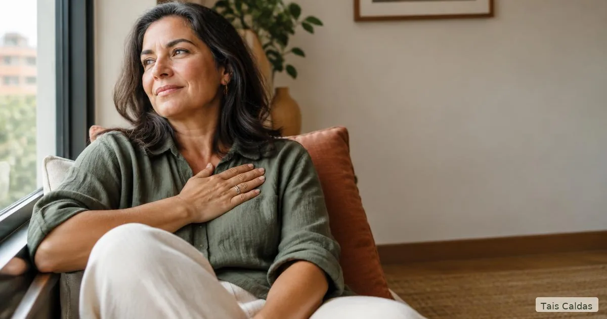 Mulher madura sentada em postura tranquila, com a mão sobre o peito, representando o vínculo entre autoestima e saúde mental.