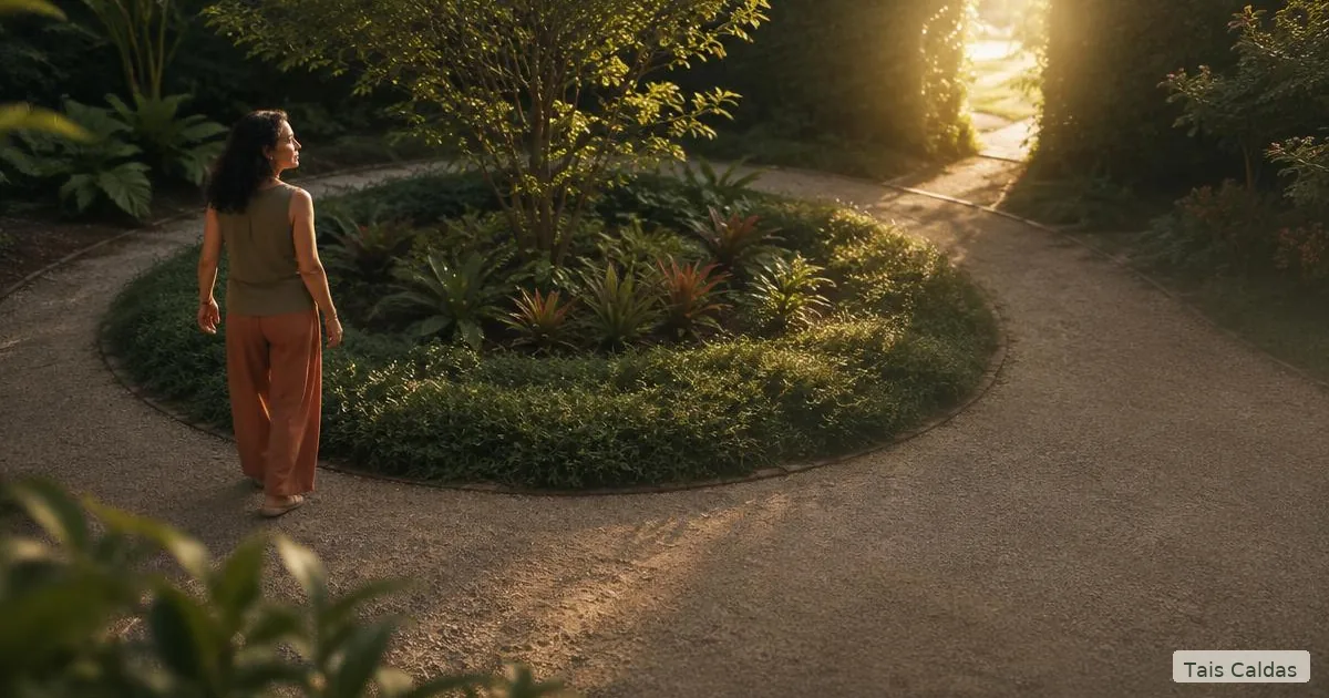 Mulher madura diante de uma bifurcação em um jardim, representando escolhas entre padrões repetidos e novos caminhos.