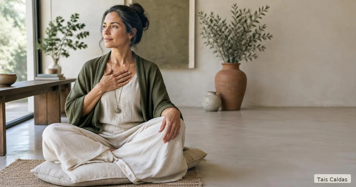 Mulher madura em prática contemplativa, representando presença no corpo, autoestima e autoconhecimento.