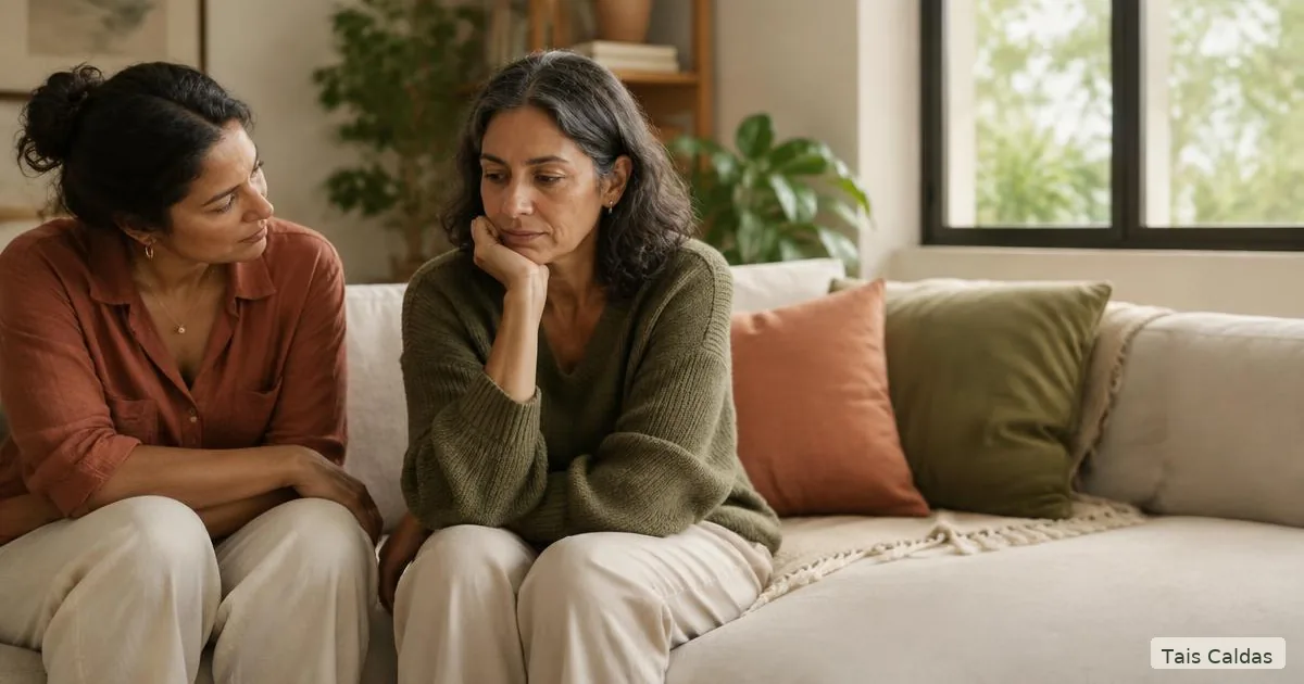 Duas mulheres maduras em uma conversa de acolhimento, representando apoio diante do sofrimento emocional.
