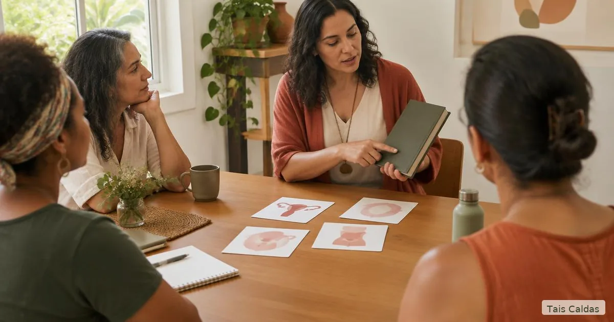 Grupo de mulheres adultas participa de uma atividade educativa sobre anatomia e conhecimento do corpo.