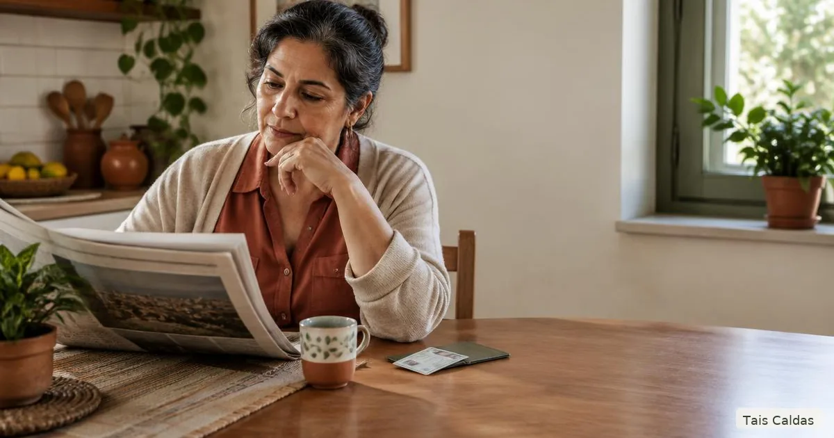 Mulher madura lendo um jornal em casa, em reflexão sobre eleições, políticas públicas e saúde emocional das mulheres.