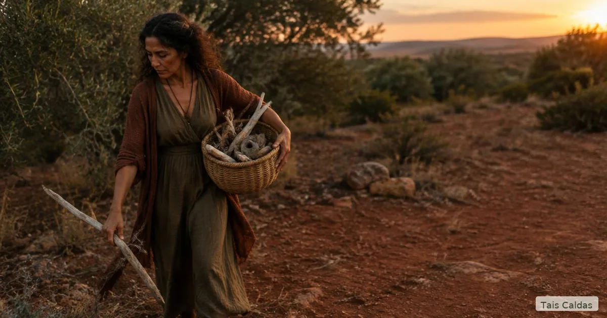 Mulher madura reunindo objetos naturais em uma paisagem ao entardecer, em referência à metáfora de La Loba e às partes esquecidas de si.