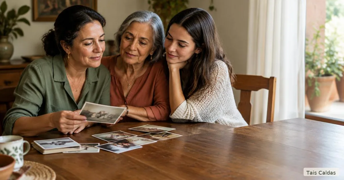 Três gerações de mulheres reunidas em casa, representando vínculos familiares e padrões emocionais.