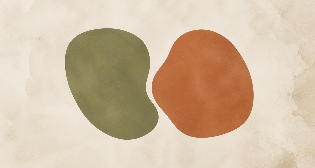 Ilustração editorial abstrata com duas formas orgânicas próximas, verde oliva e terracota, mantendo contornos distintos, sugerindo vínculo sem perda de si.