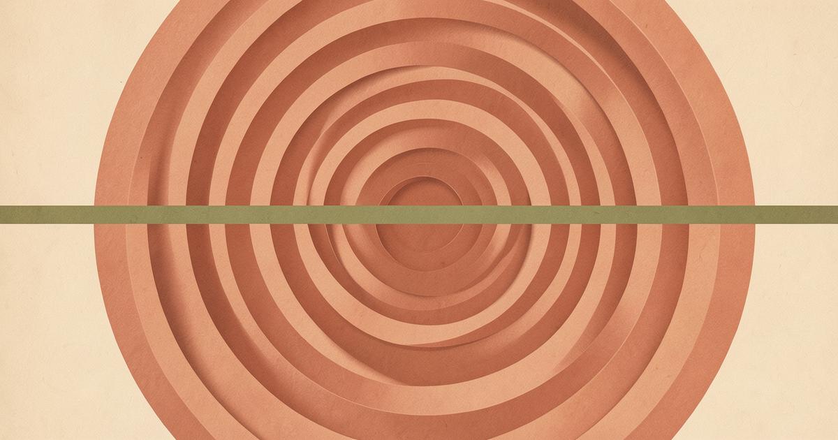 Ilustração editorial abstrata com círculos concêntricos terracota atravessados por uma linha verde oliva horizontal, sugerindo agitação e retomada de calma.