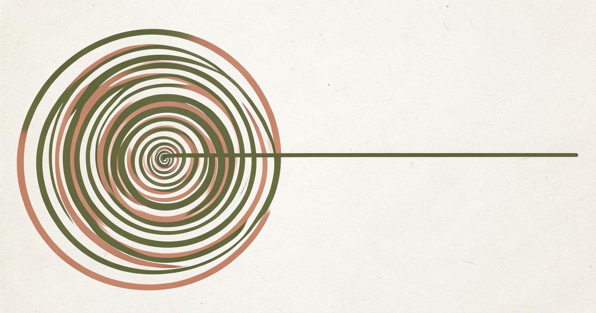 Ilustração editorial abstrata com espirais concentradas em verde oliva e terracota que se desenrolam em uma linha reta, sugerindo ruminação e ação.