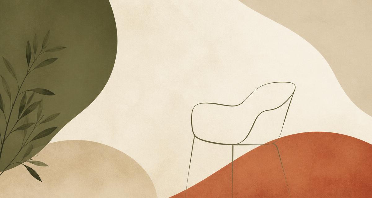 Ilustração editorial abstrata em bege, off-white, verde oliva e terracota, com o contorno de uma poltrona vazia sugerindo pausa e espaço para si.