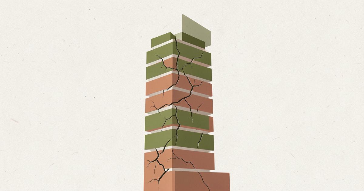 Ilustração editorial abstrata de uma coluna de blocos verde oliva e terracota com fissuras, sugerindo esgotamento por sobrecarga contínua.