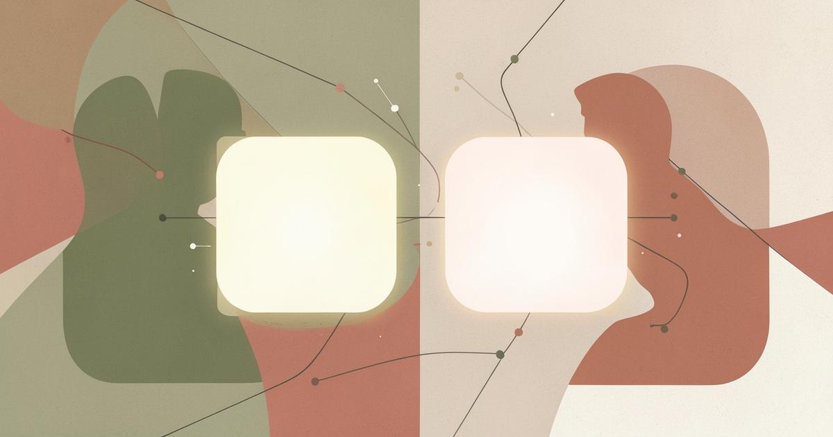 Ilustração editorial abstrata com duas telas luminosas entre silhuetas e linhas digitais discretas, em verde oliva, terracota e areia.