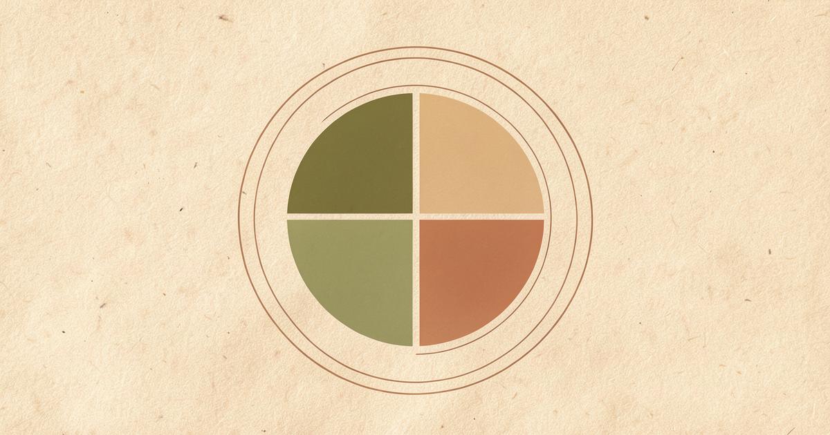 Ilustração editorial abstrata com um círculo dividido em quatro fases em tons de verde oliva, areia e terracota, cercado por anéis finos.