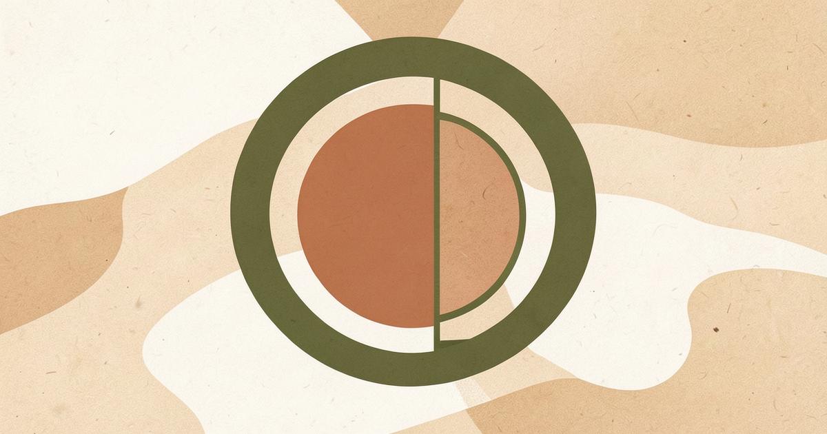 Ilustração editorial abstrata com círculo terracota cercado por arcos verde oliva e uma linha aberta, sobre fundo areia.