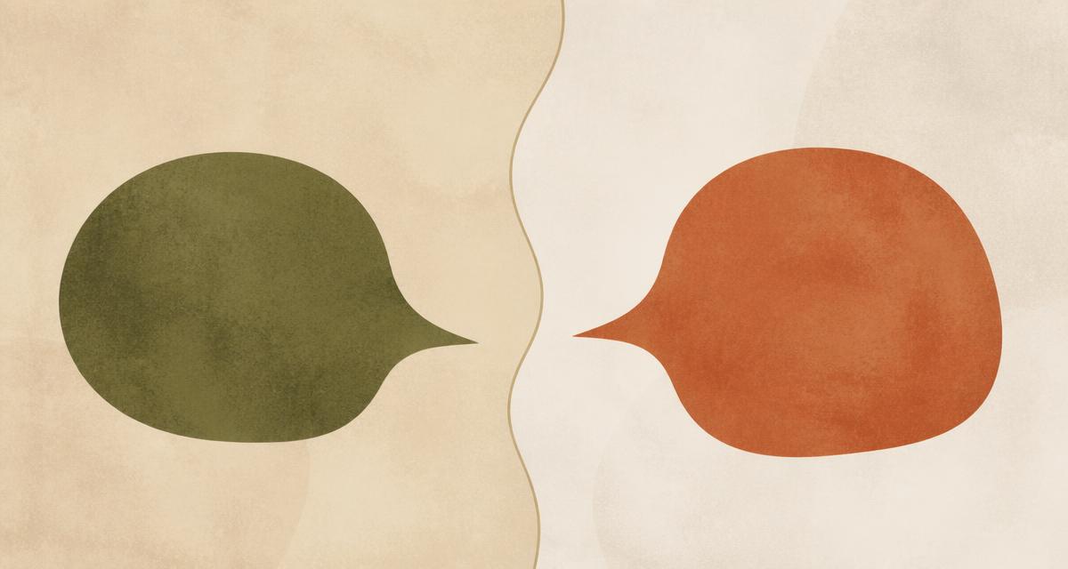 Ilustração editorial abstrata com dois balões de fala orgânicos, um verde oliva e um terracota, separados por uma linha sutil, sugerindo diálogo e limites.