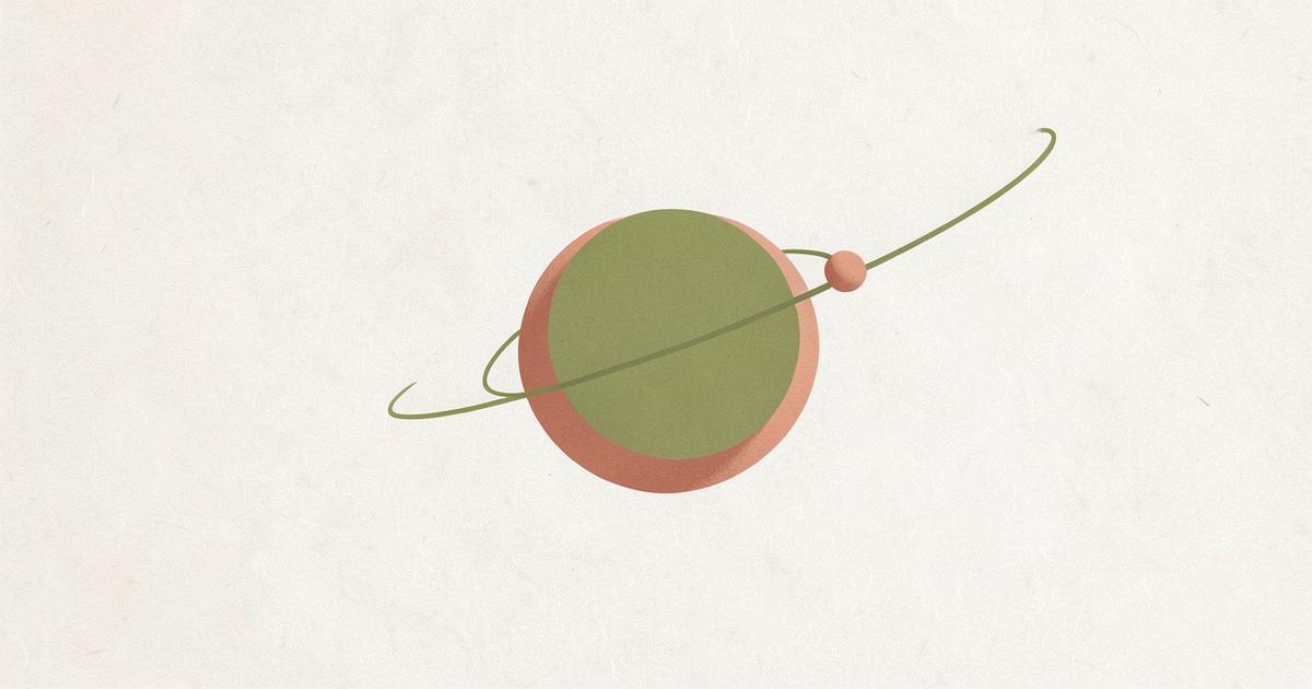 Ilustração editorial abstrata com um pequeno círculo terracota orbitando um grande círculo verde oliva, sugerindo uma vida que gira na órbita de outra pessoa.