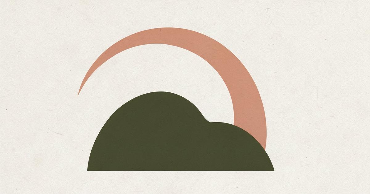 Ilustração editorial abstrata com uma forma escura em verde oliva repousando sob um arco terracota de luz, sugerindo sofrimento acolhido.