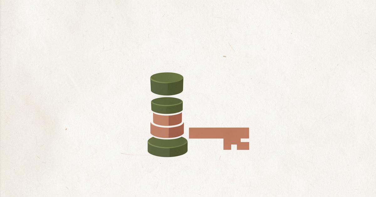 Ilustração editorial abstrata com discos empilhados em verde oliva e terracota ao lado de uma chave, sugerindo autonomia financeira e liberdade de escolha.