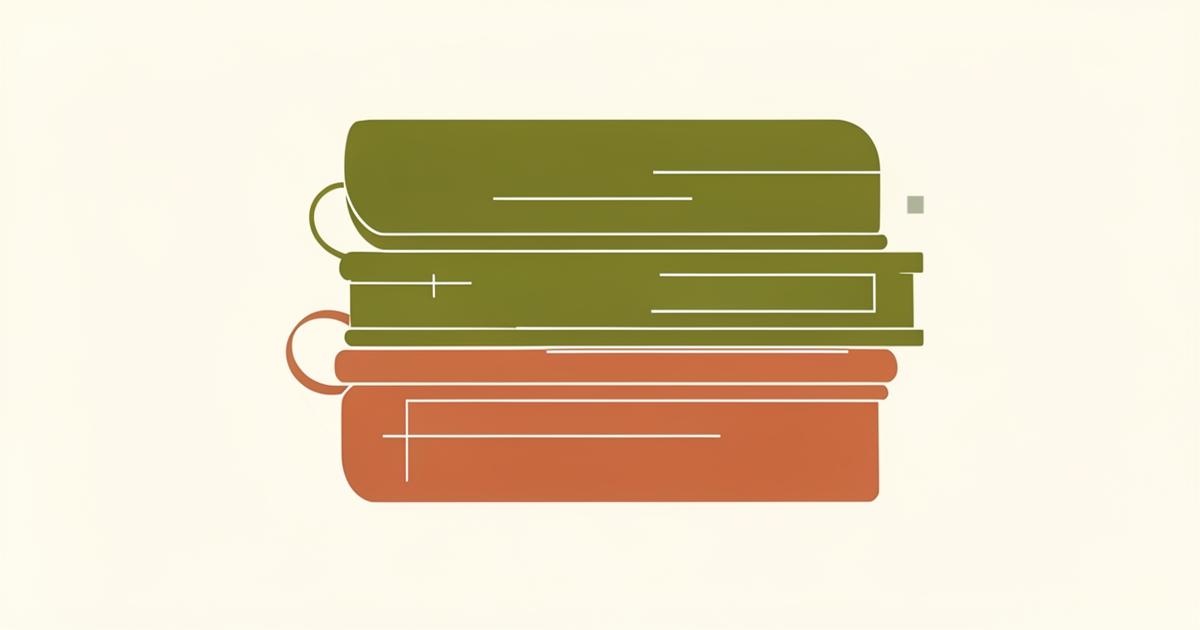 Ilustração editorial abstrata com pilha de livros em verde oliva e terracota sobre fundo creme, sugerindo estudo e educação.