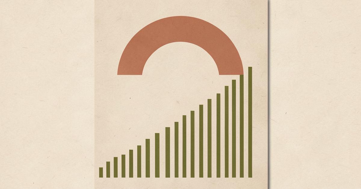 Ilustração editorial abstrata com barras verdes oliva de alturas crescentes e um arco terracota acima, sugerindo força construída aos poucos.