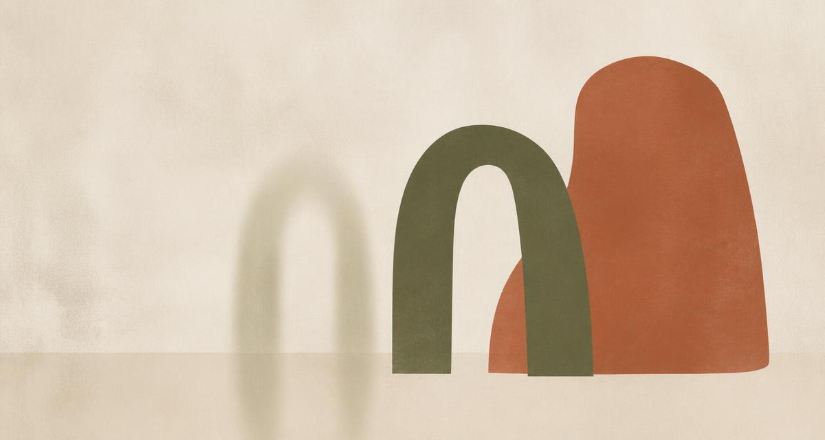 Ilustração editorial abstrata com um arco verde oliva, sua sombra difusa e uma forma terracota sólida, sugerindo dúvida e reconhecimento da própria competência.