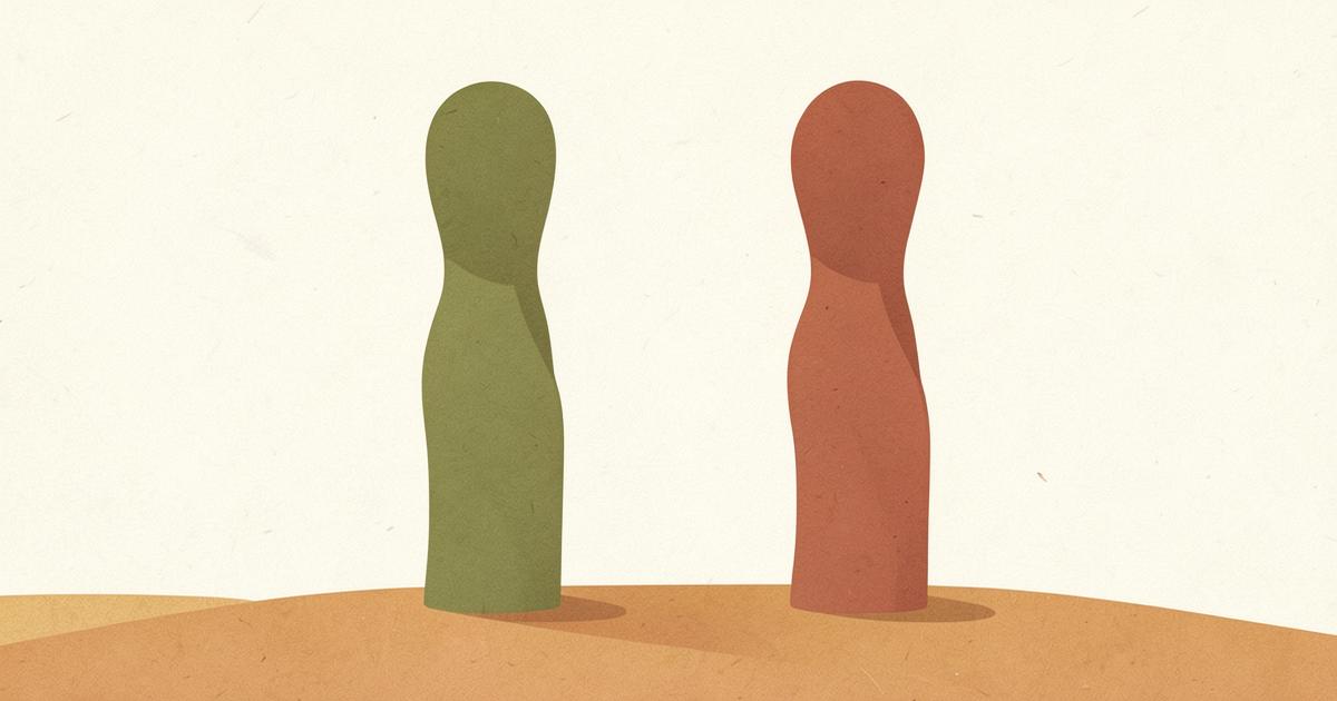 Ilustração editorial abstrata com duas figuras orgânicas em verde oliva e terracota lado a lado, com espaço entre elas.