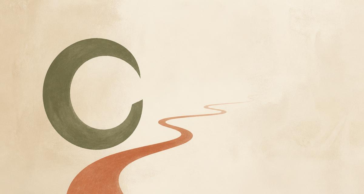 Ilustração editorial abstrata com um círculo verde oliva aberto e um caminho terracota saindo dele para o espaço vazio, sugerindo liberdade e caminho próprio.