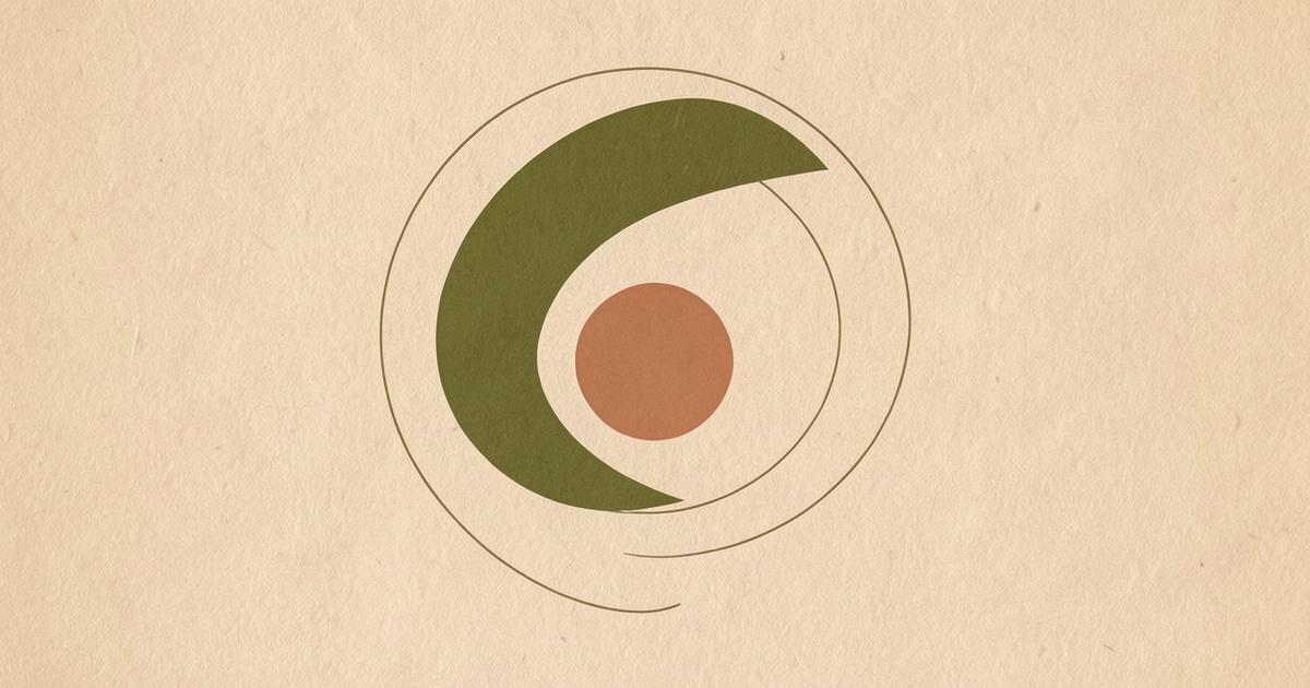 Ilustração editorial abstrata com uma forma verde oliva em arco envolvendo um círculo terracota, dentro de anéis finos que sugerem reuso.
