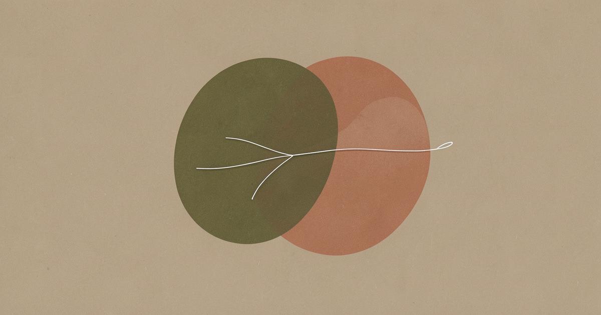 Ilustração editorial abstrata com duas formas sobrepostas em verde oliva e terracota atravessadas por uma linha branca fina, sugerindo intimidade e transformação.