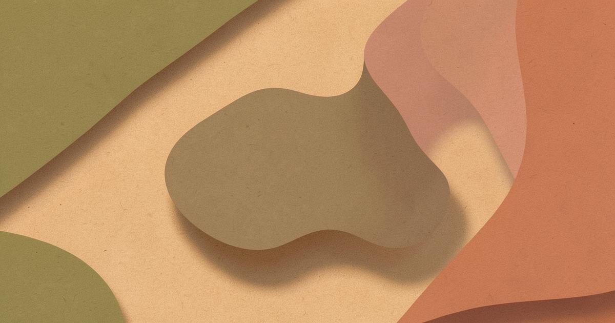 Ilustração editorial abstrata com forma orgânica projetando sombra deslocada sobre plano areia, em verde oliva e terracota.