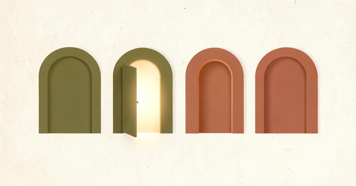 Ilustração editorial abstrata com quatro portais arqueados em verde oliva e terracota, um deles entreaberto com luz suave, sugerindo tempo e ritmo.