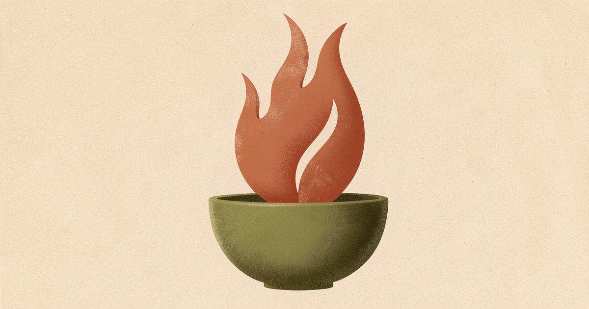Ilustração editorial abstrata de uma chama terracota emergindo de um recipiente verde oliva sobre fundo bege, sugerindo raiva contida e voz.
