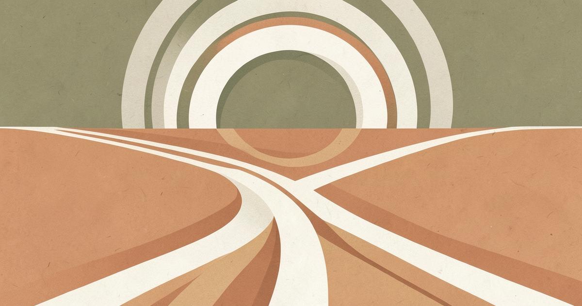 Ilustração editorial abstrata com dois caminhos que se separam e se reencontram sobre campo terracota e anéis concêntricos verde oliva.