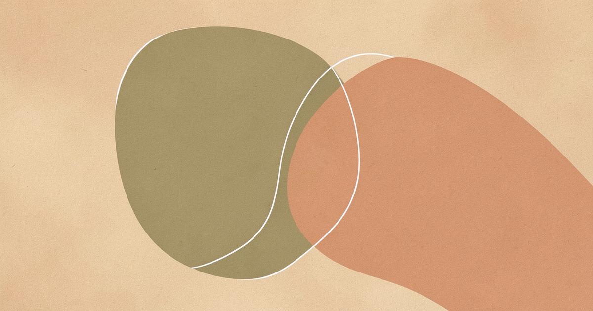 Ilustração editorial abstrata com duas formas orgânicas verde oliva e terracota que se sobrepõem, contornadas por uma linha branca fina.