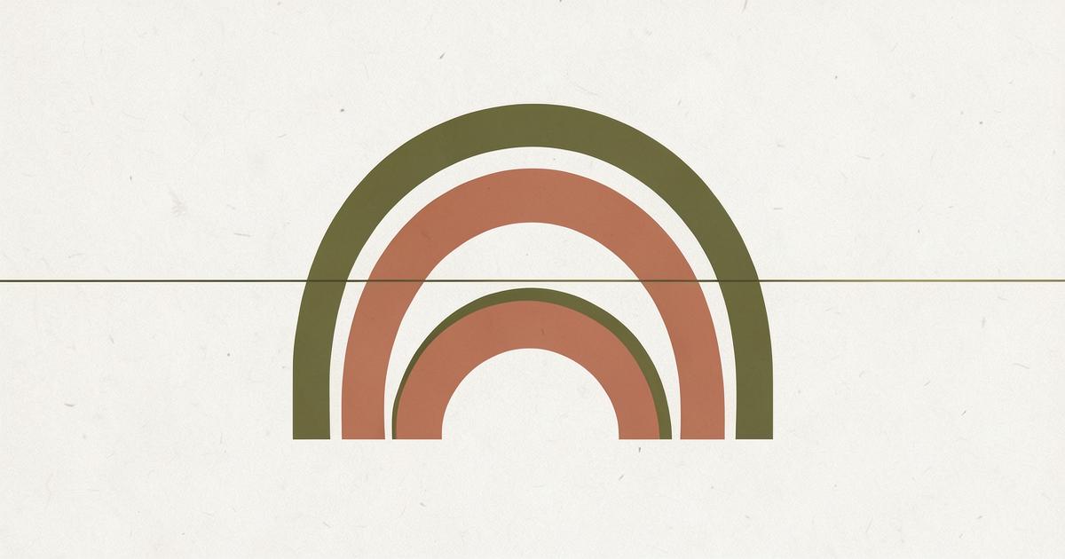 Ilustração editorial abstrata com três arcos concêntricos em verde oliva e terracota sobre fundo off-white, sugerindo padrões que atravessam gerações.